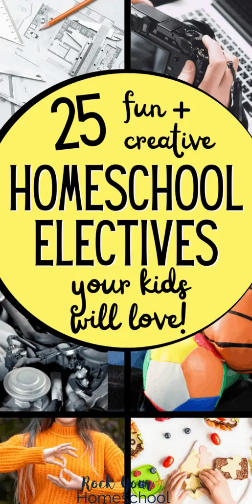 Architecture plans, teen holding camera with laptop, teen working on car motor, sports balls, teen girl doing sign language, and kids making snacks to feature how you can use these creative and fun homeschool elective ideas to boost learning at home