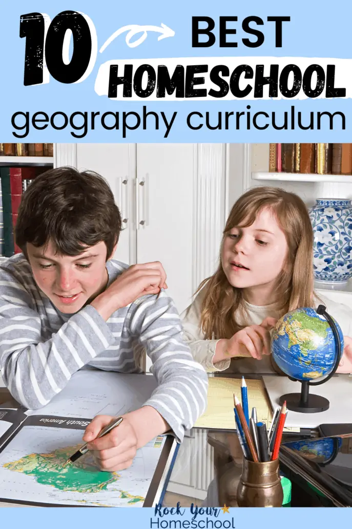 brother and sister with books, pencils, and globe to feature the best homeschool geography curriculum