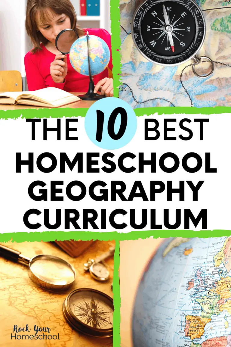 Girl using magnifying glass to study globe, compass on map, magnifying glass & compass on older map, and globe to feature how you can use this list of the 10 best homeschool geography curriculum options to make a smart decision for your family