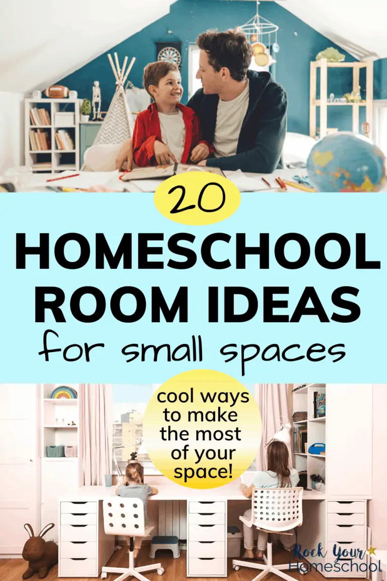 Father and son in nook with homeschool supplies and two girls at desks in small area to feature how you can use these 20 creative homeschool room ideas for small spaces to optimize learning at home