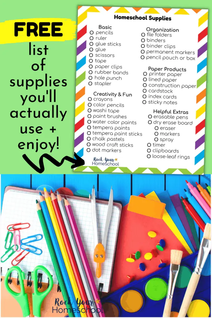 Homeschool supplies list and colorful school supplies to feature how you can use this free printable homeschool supplies list to get ready for and enjoy an amazing year