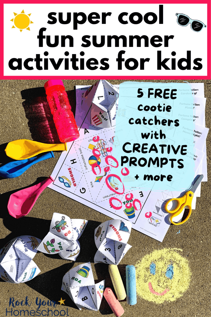 5 free cootie catchers with bubbles, balloons, scissors, and sidewalk chalk to feature the fantastic fun your kids will have with these 5 free printable summer activities for kids