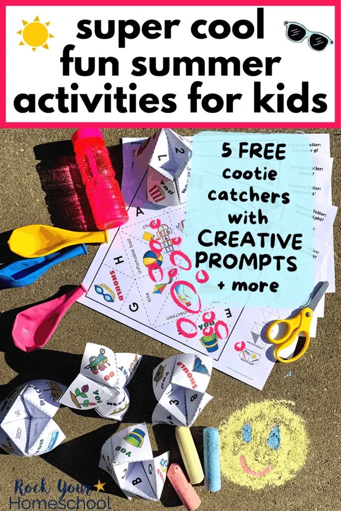 5 free cootie catchers with bubbles, balloons, scissors, & sidewalk chalk to feature the fantastic fun your kids will have with these 5 free printable summer activities for kids