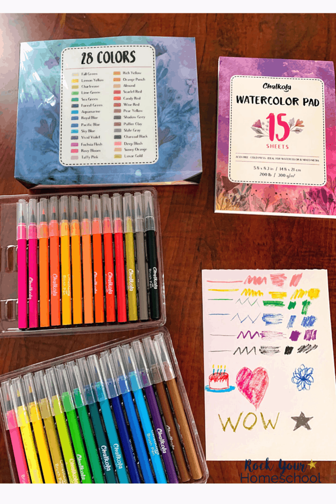 homeschool art supplies including watercolor brush pens and watercolor paper by Chalkola