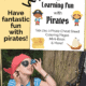 Learning Fun with Pirates printables cover and young girl dressed as pirate with pirate accessories to feature how you can use this free printable Learning Fun with Pirates pack