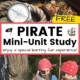 Mini-pirate ship, compass, treasure chest, and rope and kids dressed up like pirates with accessories and map to feature the awesome learning fun you'll have with this pirate mini-unit study