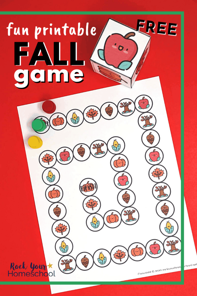 Fall game with custom die and game pieces to feature the fantastic fun you'll have with this simple free printable activity with autumn themes