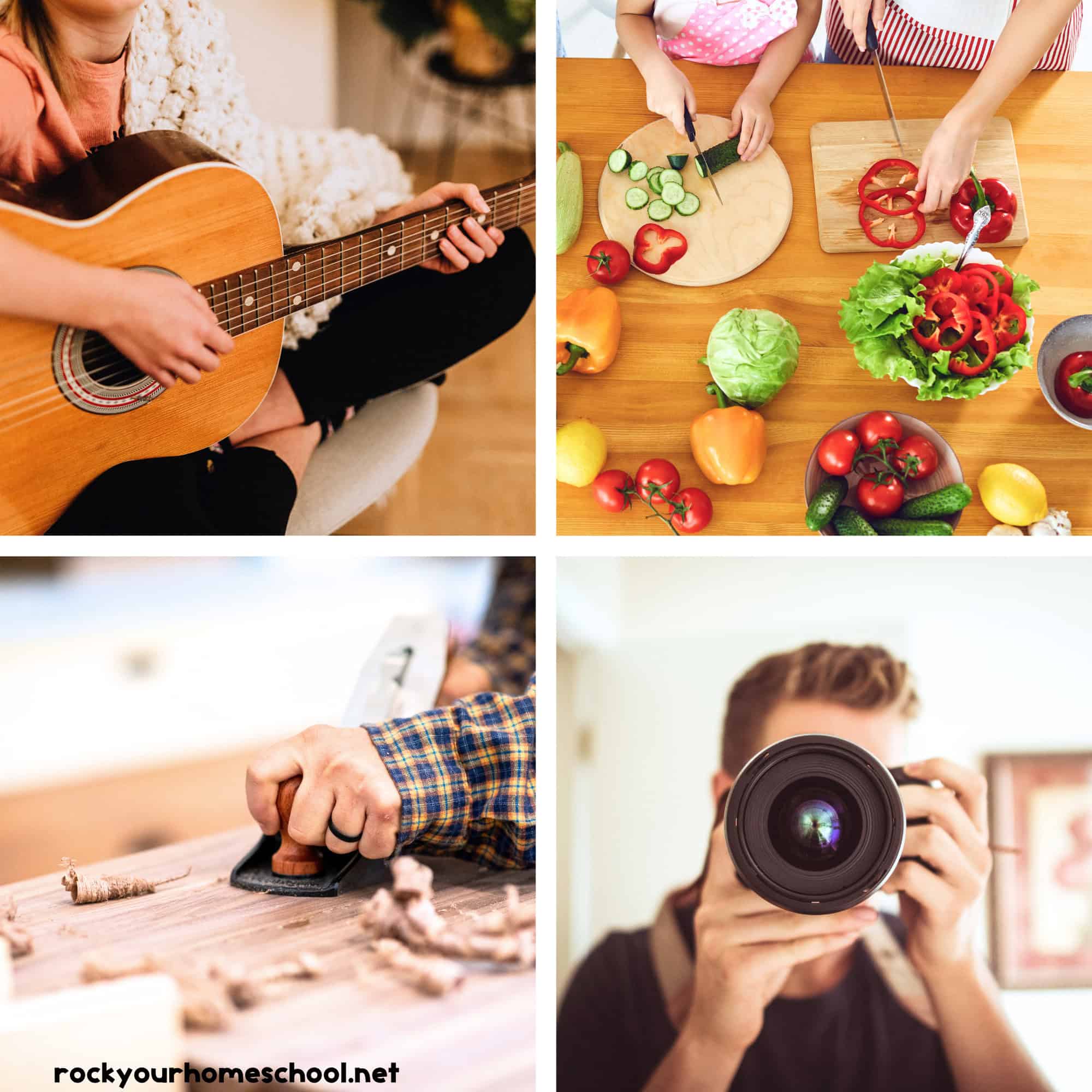 Girl playing guitar, kids cutting vegetables, boy using planer on wood, and teen with camera to feature these creative homeschool electives.