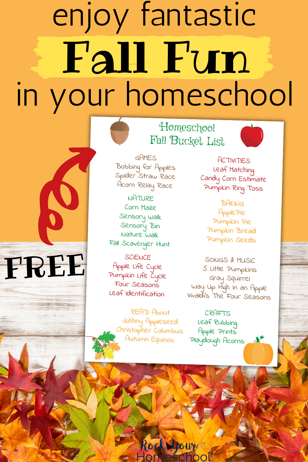 Homeschool Fall Bucket List printable with leaves to feature the fantastic family fun you'll have with this free printable