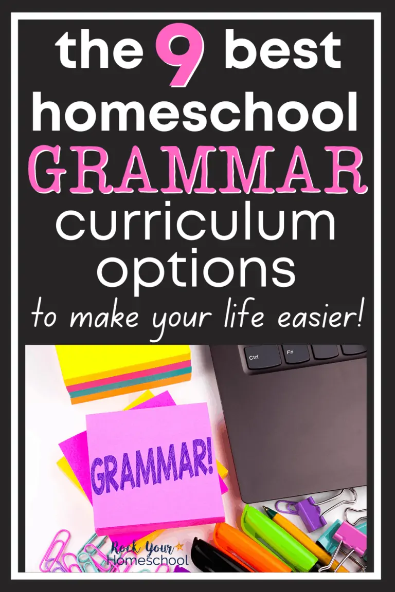 GRAMMAR written on bright pink sticky note with other sticky notes, pens, & paperclips with laptop to feature how you can use this list of the 9 best homeschool grammar curriculum options to find what works best for your family