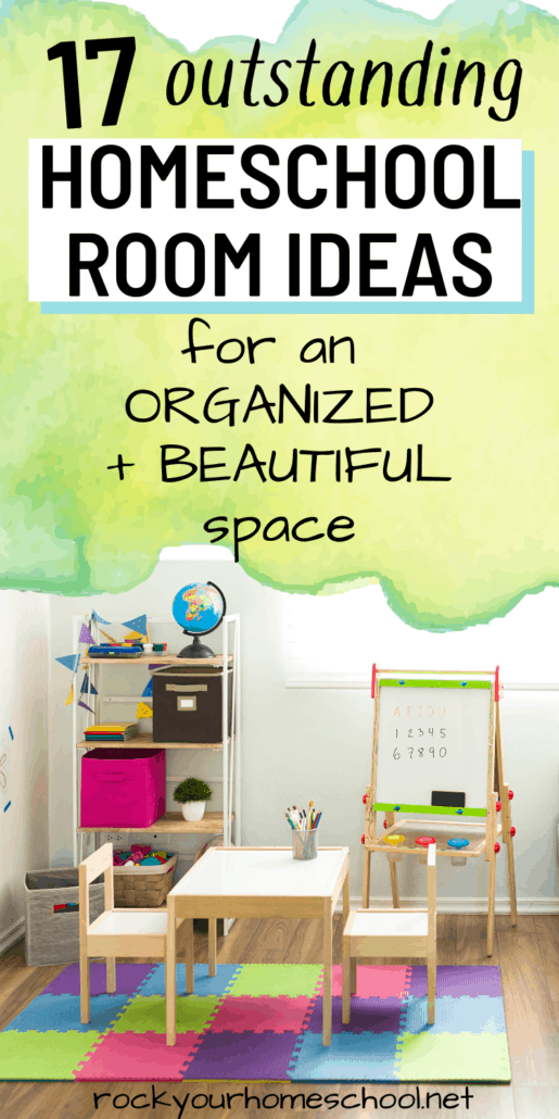 Homeschool area with children's desk, easel, shelves, globe, colorful floor mat, and more to feature how you can get creative inspiration and practical ideas with these 17 outstanding homeschool room ideas for an organized and beautiful space