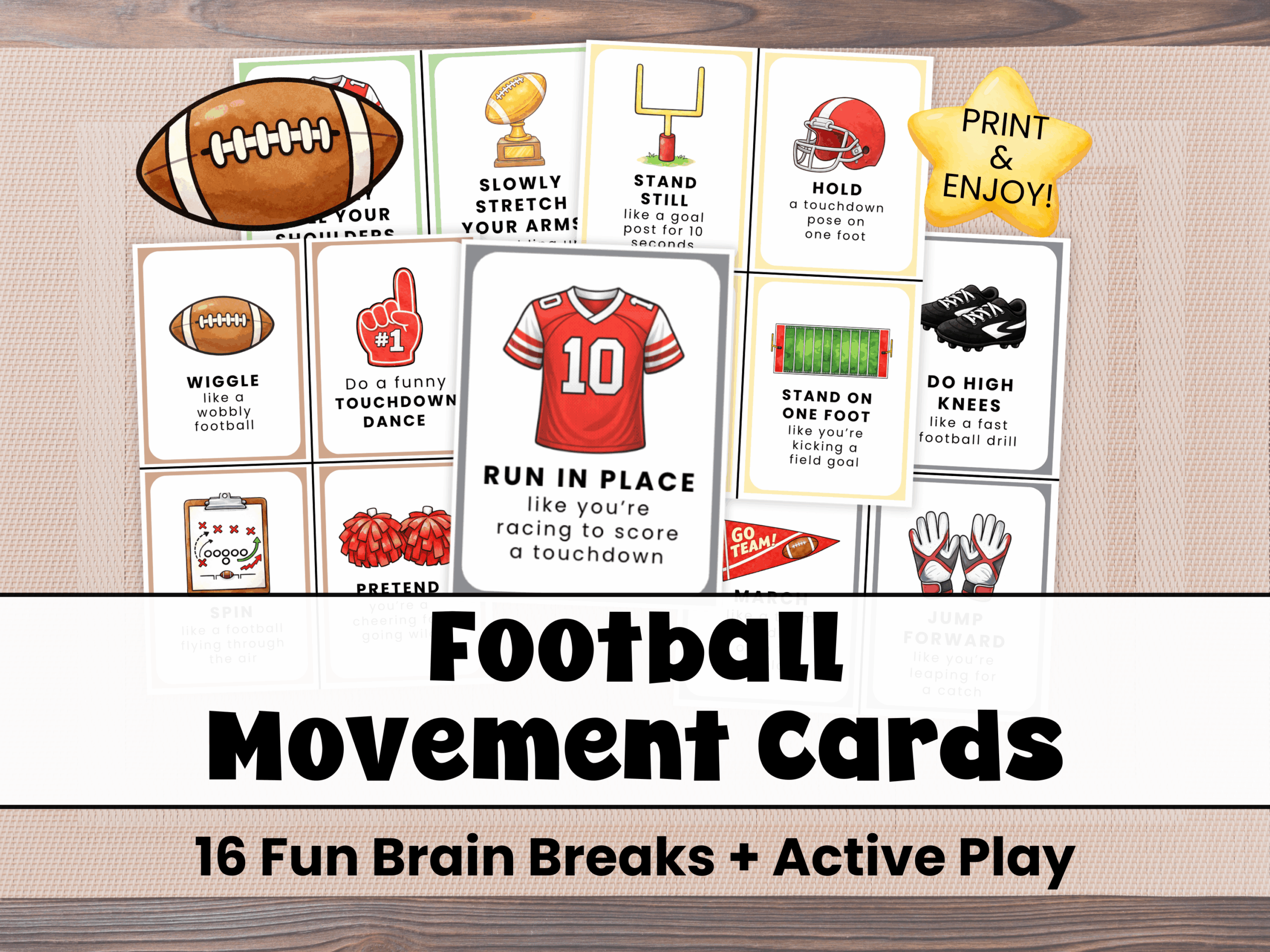 Examples of printable football movement cards for kids.