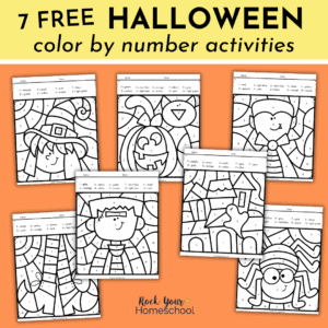 Grab this free set of 7 Halloween color by number activities for fantastic holiday fun for kids.