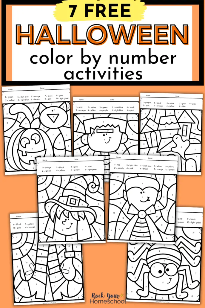 7 free Halloween color by number printables featuring jack o\' lantern, cat, Frankenstein, haunted house, witch, vampire, witch feet and spider to show how you can use this free set of Halloween color by number activities that are printer-friendly for simple holiday fun for kids