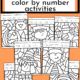 7 free Halloween color by number printables featuring jack o' lantern, cat, Frankenstein, haunted house, witch, vampire, witch feet and spider to show how you can use this free set of Halloween color by number activities that are printer-friendly for simple holiday fun for kids