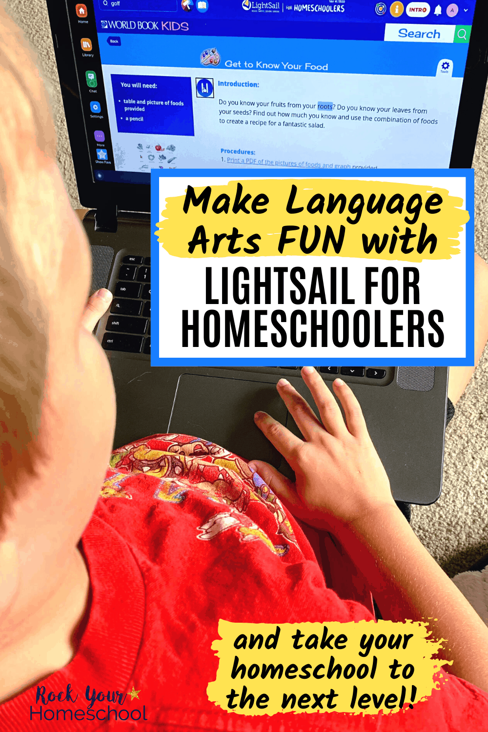 Young boy using laptop to learn about food groups on LightSail for Homeschoolers to feature how you can use this online program to boost learning at home and make language arts fun