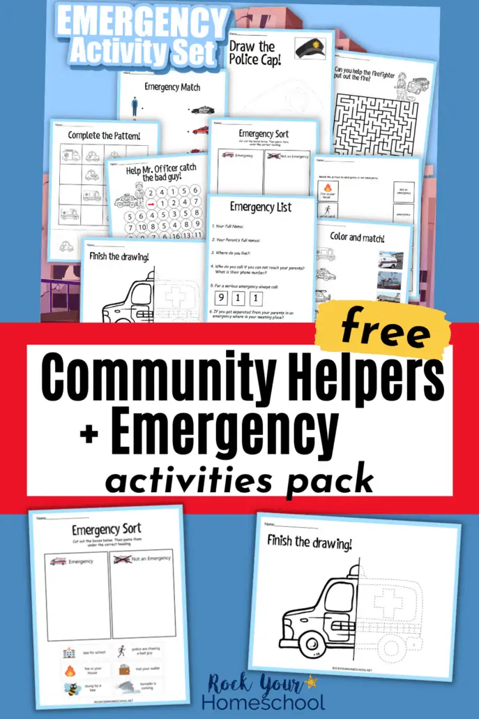 Community helpers activities and emergency activity set cover to feature the fantastic learning fun your kids will have with this free printable pack