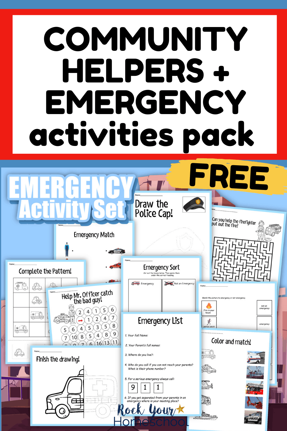 Emergency Activity Set and Community Helpers Activities Pack cover to feature how you can use this free printable set to help your kids learn these essential skills