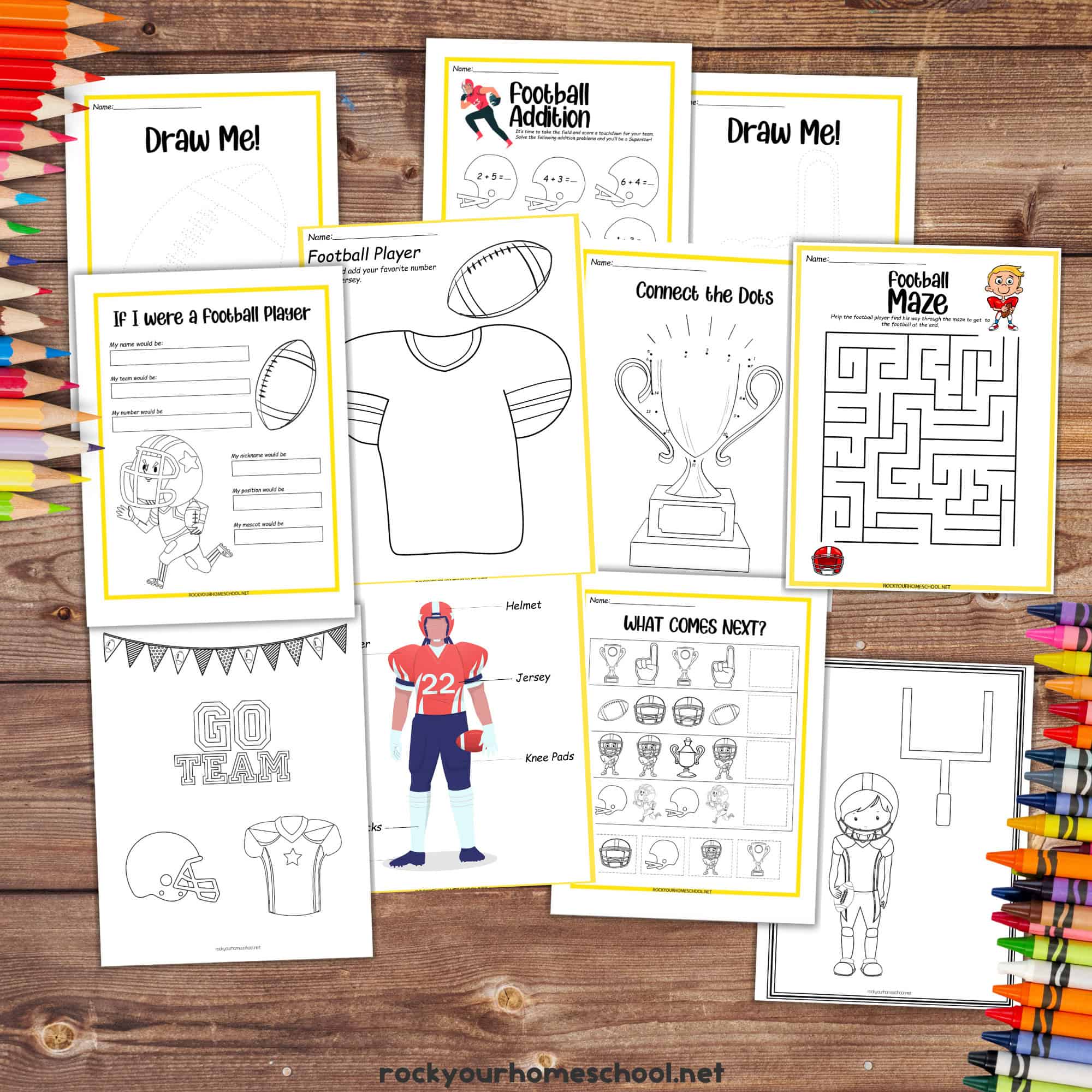 11 examples of free football printable activities for kids.