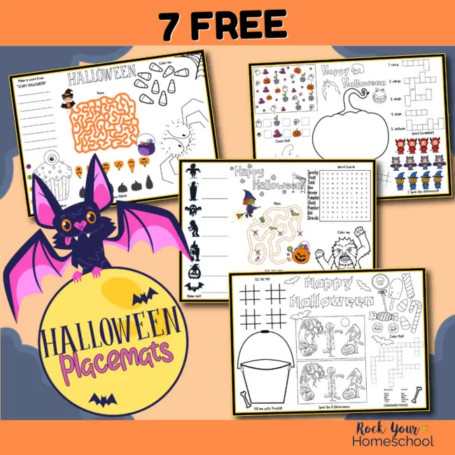 Get this set of 7 free Halloween placemats for easy holiday fun activities for kids.