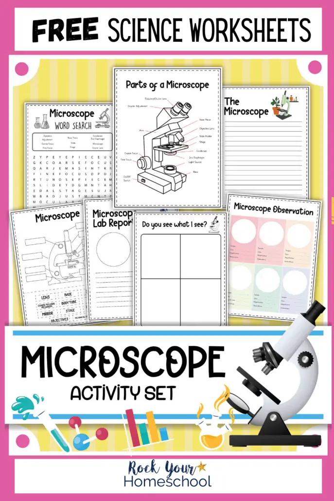 Microscope activity set cover with printable activities to feature this set of free microscope worksheets