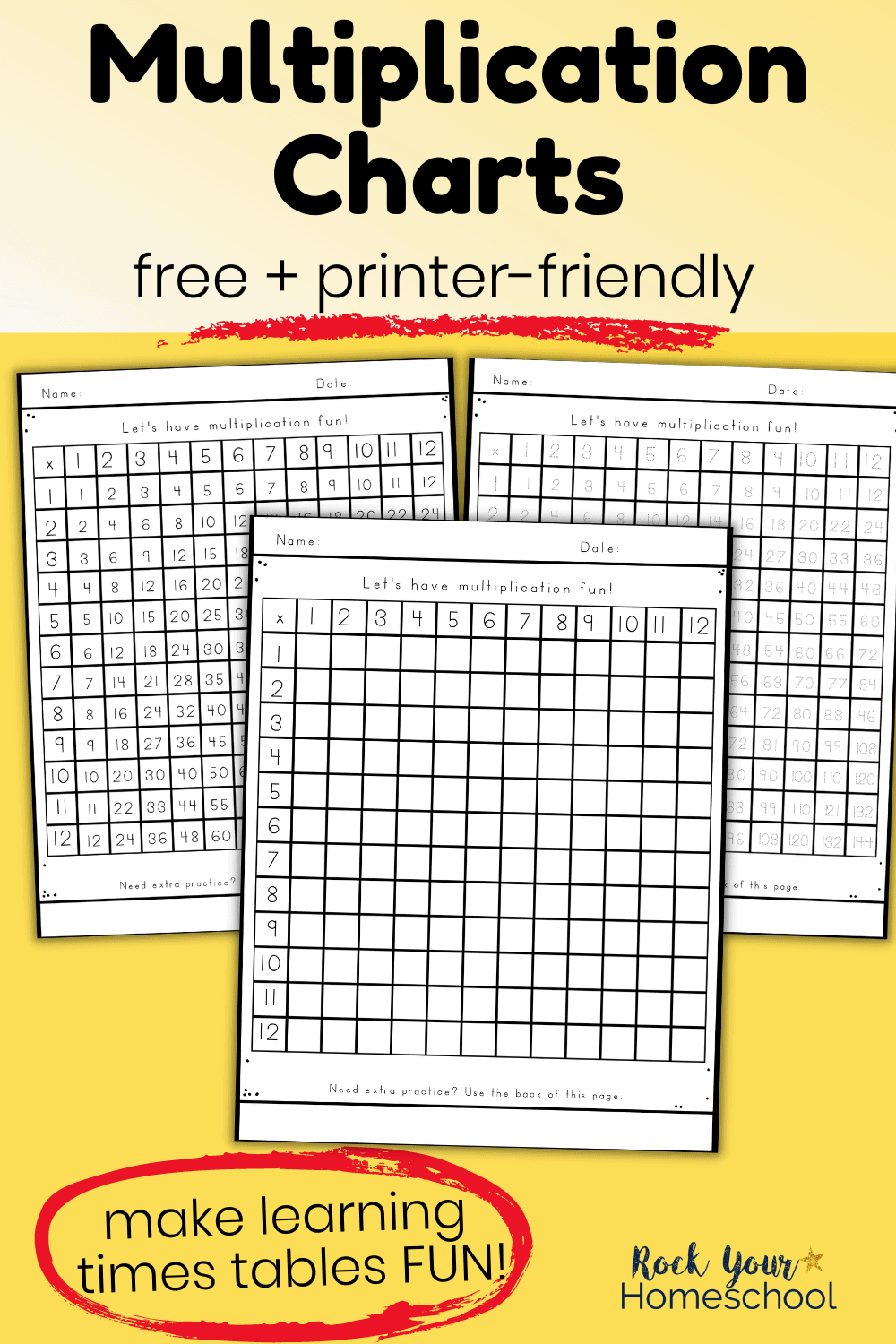 3 free multiplication charts in blank, tracing, and filled-in to feature this printer-friendly (black-and-white)set for practicing times tables