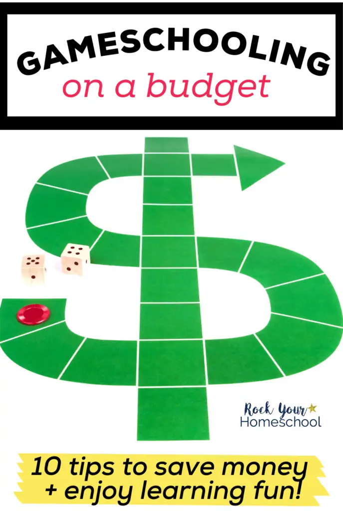 Dollar sign game board with 2 dice and a red chip to feature how you can use these 10 tips and ideas for gameschooling on a budget to make learning fun with games without going broke
