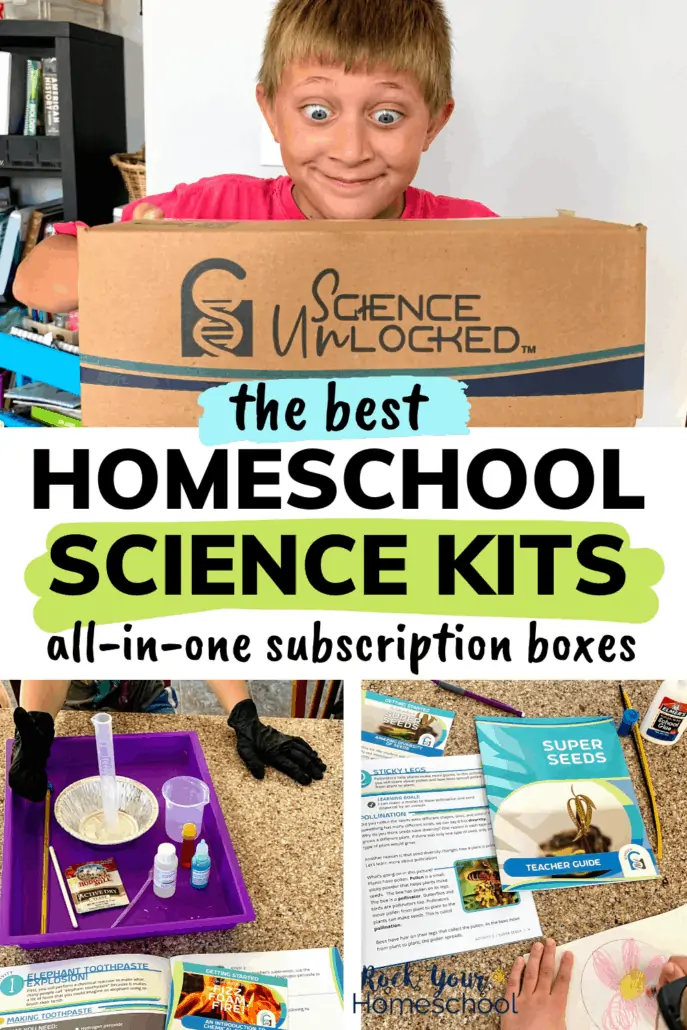 Young boy smiling as he holds Science Unlocked box and variety of science activities being done by kids to feature how these homeschool science kits are perfect for open-and-go, stress-free science fun