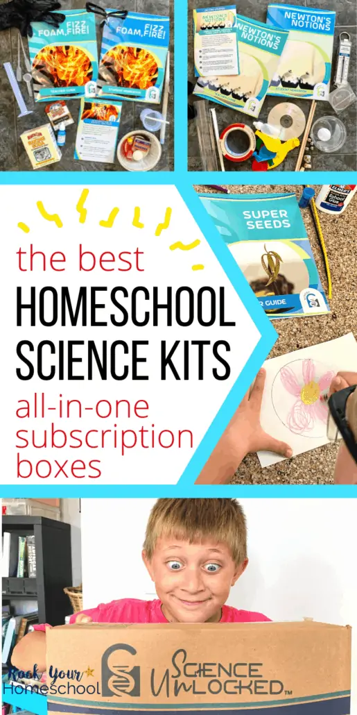 Science supplies, teacher\'s guides, student workbooks, boy working on pollination activity, and boy smiling as he holds Science Unlocked box to feature the best homeschool science kits to make it easy on you and delightful for your kids