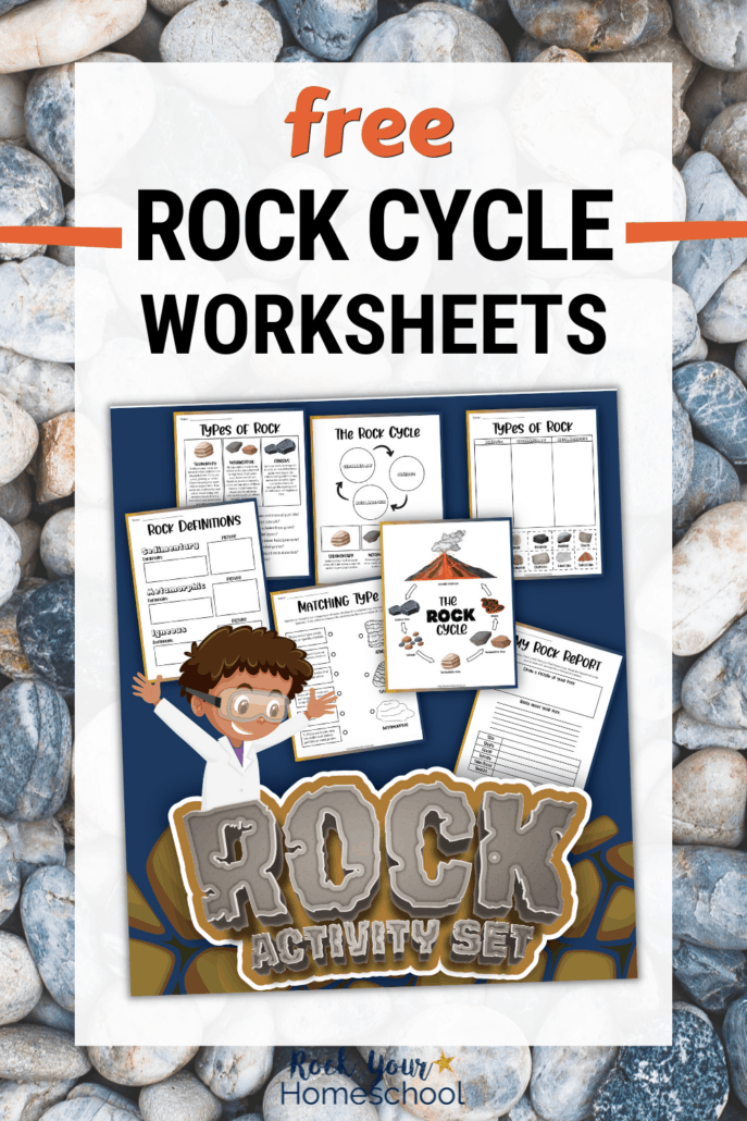 Rock activity set cover with 7 rock cycle worksheets to feature how you can use this free set for science fun for kids