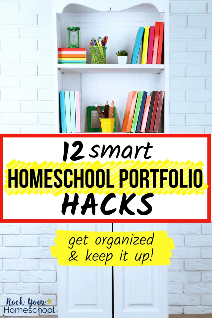 White bookcase with school supplies against white brick wall to feature how you can use these 12 smart homeschool portfolio hacks to get organized and keep it up