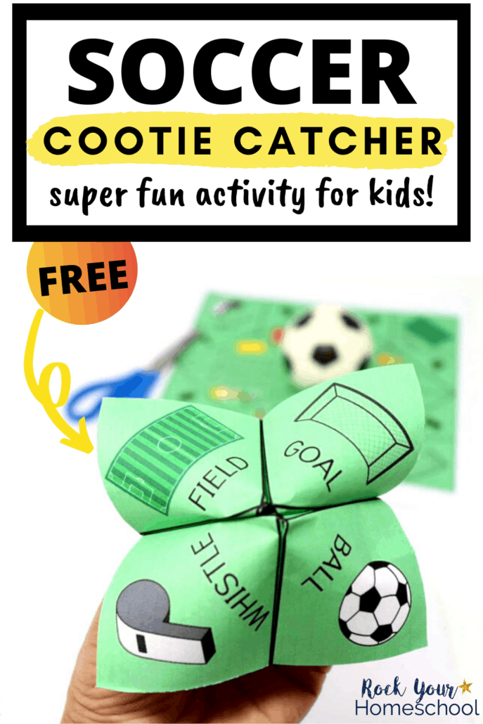 Woman holding free soccer cootie catcher with printable page in background with blue scissors and small foam soccer ball to feature the fantastic fun you\'ll have with this activity for parties, soccer teams, goody bags, rainy day fun, and more