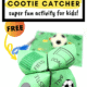 Woman holding free soccer cootie catcher with printable page in background with blue scissors and small foam soccer ball to feature the fantastic fun you'll have with this activity for parties, soccer teams, goody bags, rainy day fun, and more