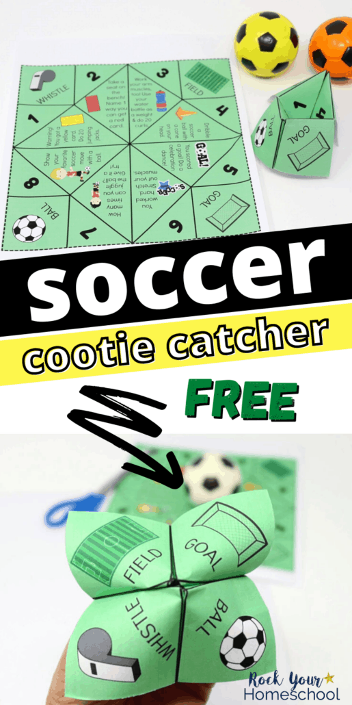 Soccer cootie catcher printable page and folded activity with small foam yellow and orange soccer balls and woman holding free soccer cootie catcher to feature the fantastic fun you\'ll have using this free printable activity for soccer teams, parties, rainy day fun, and more