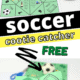 Soccer cootie catcher printable page and folded activity with small foam yellow and orange soccer balls and woman holding free soccer cootie catcher to feature the fantastic fun you'll have using this free printable activity for soccer teams, parties, rainy day fun, and more