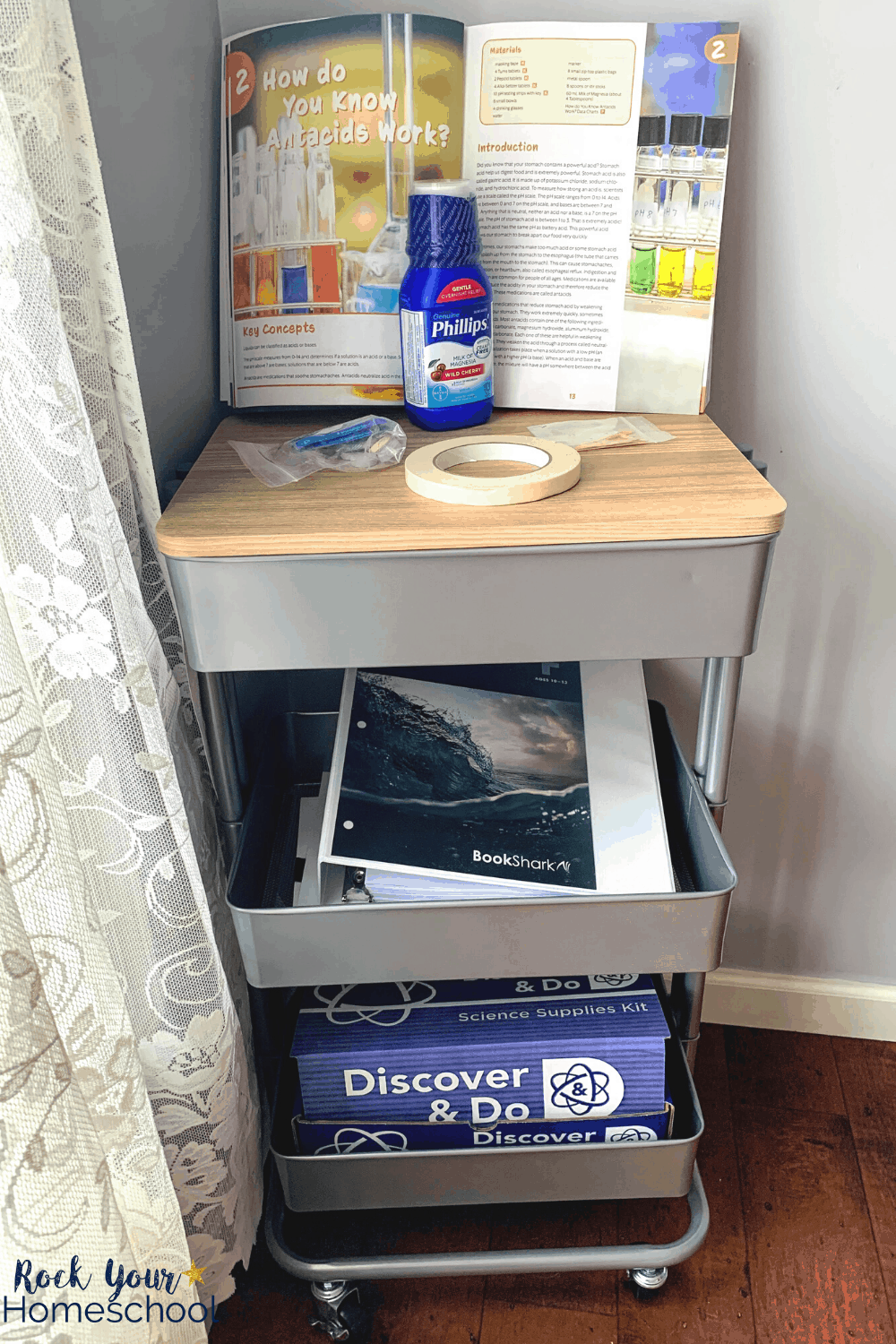 BookShark Science Level F curriculum supplies in a rolling cart