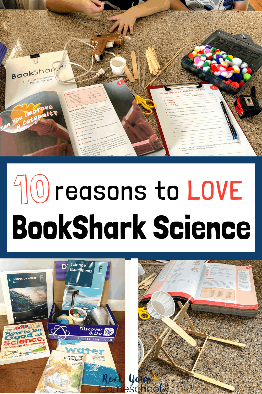 Boy with BookShark Science books and supplies and BookShark Science Level F package and catapult made out of popsicle sticks and rubber bands to feature the 10 reasons why you'll love these homeschool science curriculum packages for hands-on learning fun