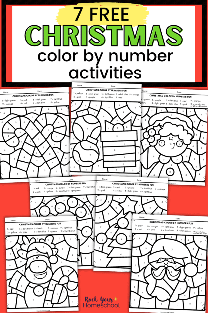 7 free Christmas color by number printables featuring candy canes, ornaments & gift, Mrs. Claus, wreath, Christmas tree, reindeer, Santa