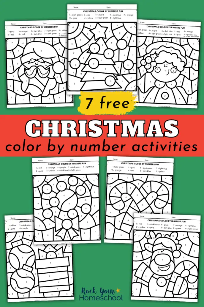 7 free Christmas color by number printables featuring Santa, Christmas tree, Mrs. Claus, wreath, candy canes, ornaments & gift, and reinder