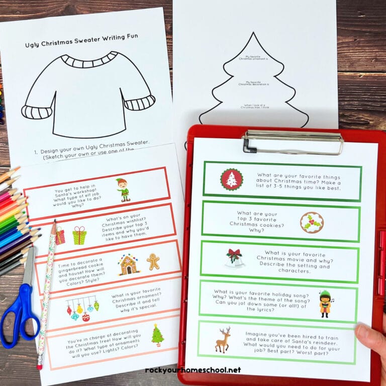 Woman holding red clipboard with example of Christmas writing prompts and examples in background with scissors and color pencils.