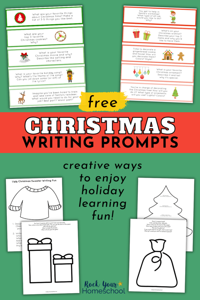 free Christmas writing prompts in color and black-and-white to feature how you can use this free set of printables for creative writing and drawing fun for kids during the holidays