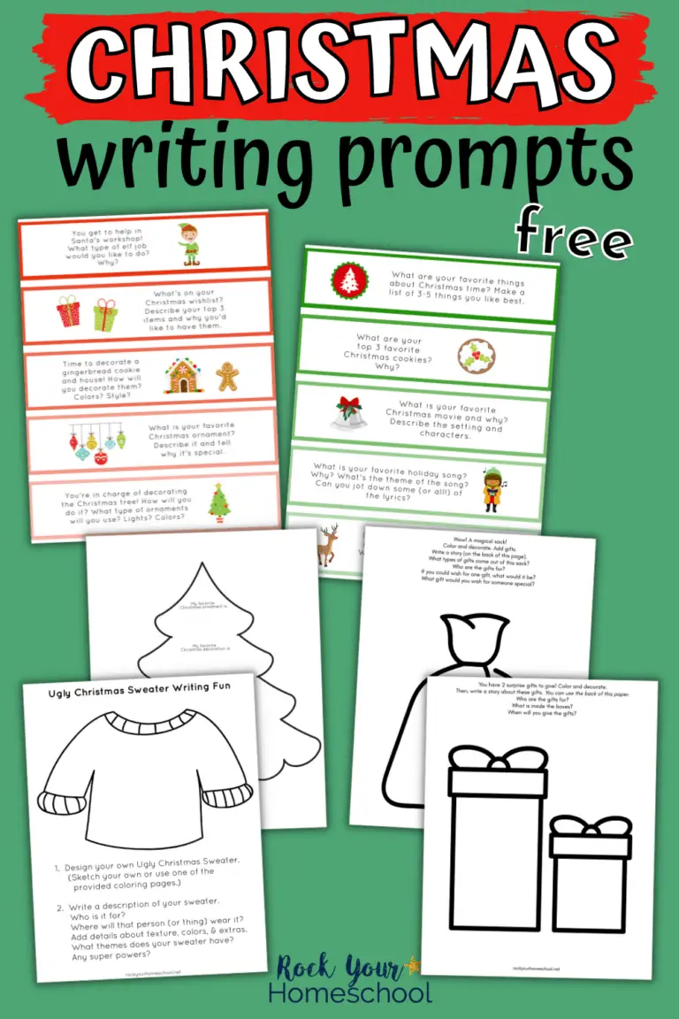 Variety of Christmas writing prompts in color and black-and-white to feature how you can use this set of free Christmas printables for holiday learning fun