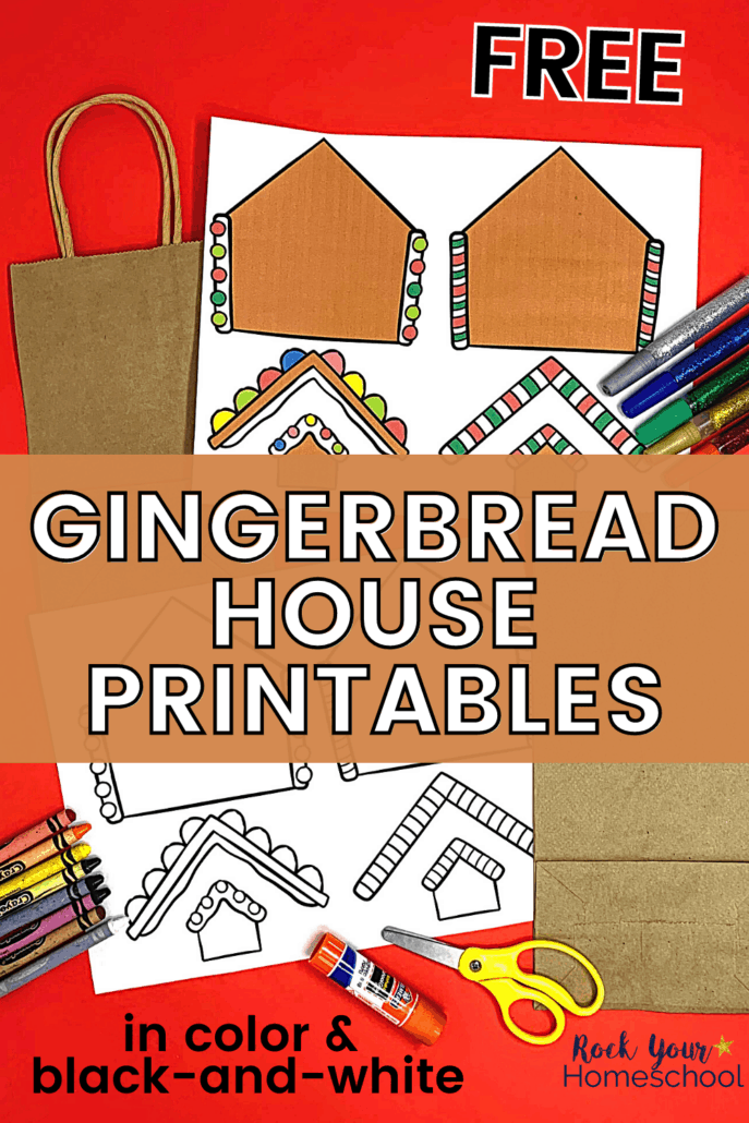 free gingerbread house printables in color and black-and-white with crayons, scissors, glue stick, glitter glue, and brown paper bags to feature the creative ways you can enjoy this set for frugal holiday fun with kids