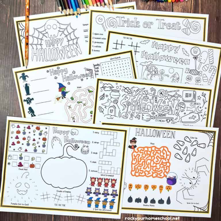 7 examples of Halloween placemats with a variety of activities and color pencils.