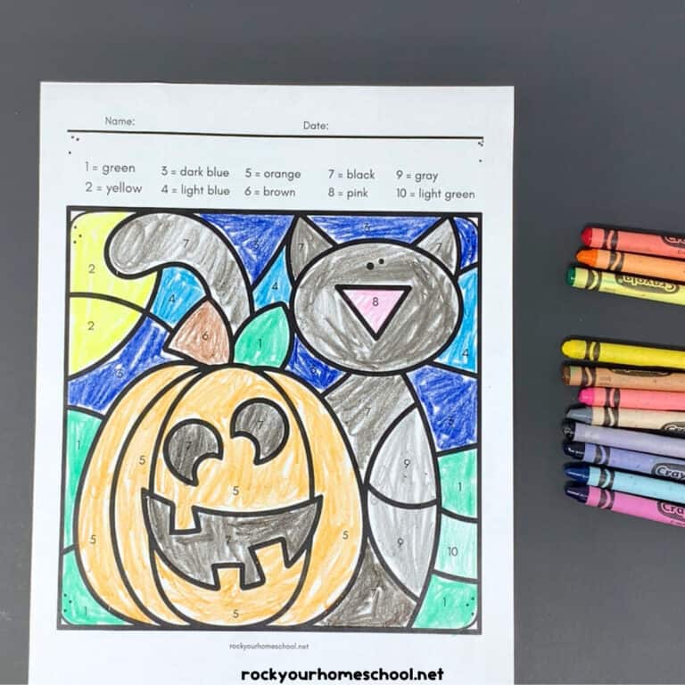 Example of Halloween color by number printable page with black cat and jack-o-lantern.