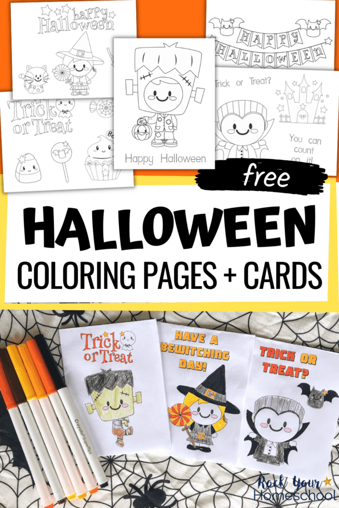 Halloween coloring pages featuring cute witch, black cat, bats, candies, Frankenstein, and vampire and Halloween coloring cards with markers to show how you can add a special touch of creativity to your Halloween fun for kids