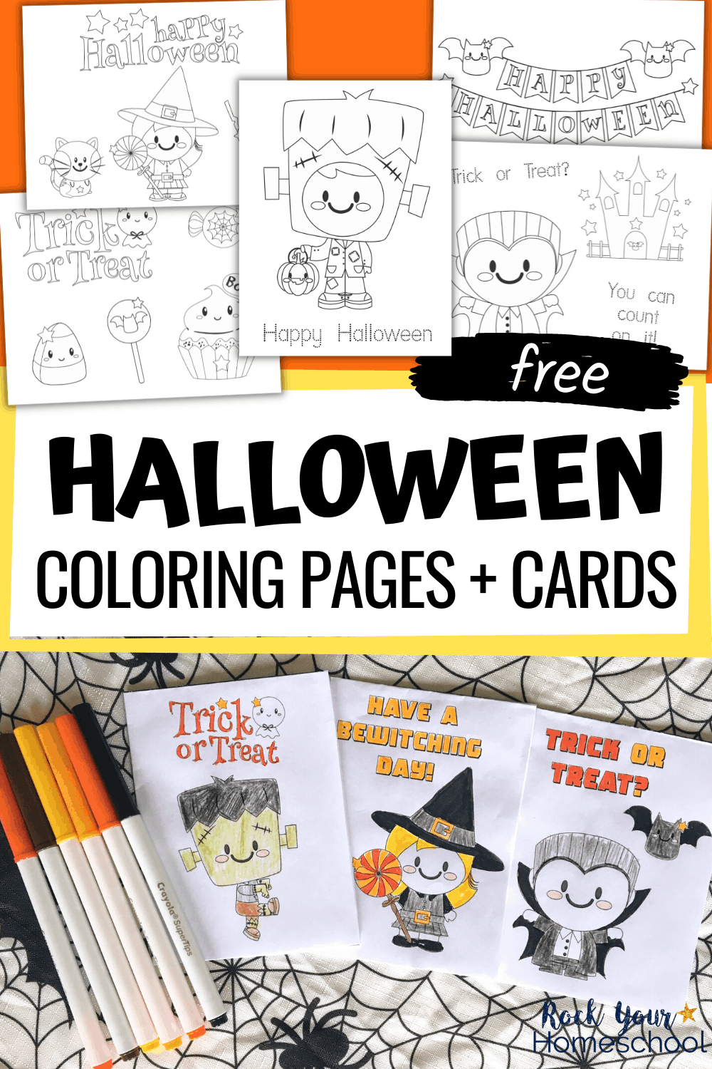 Halloween coloring pages featuring cute witch, black cat, bats, candies, Frankenstein, and vampire and Halloween coloring cards with markers to show how you can add a special touch of creativity to your Halloween fun for kids