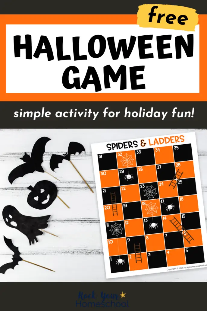 Spiders and Ladders free printable Halloween game with black paper bats, jack o\'lantern, and ghost for shadow puppets to feature the simple holiday fun you can enjoy with this activity