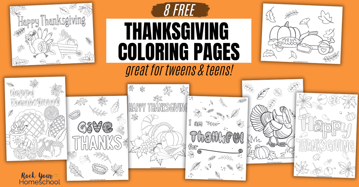 Enjoy some special holiday fun with your tweens, teens, and adults with this free set of 8 Thanksgiving coloring pages.