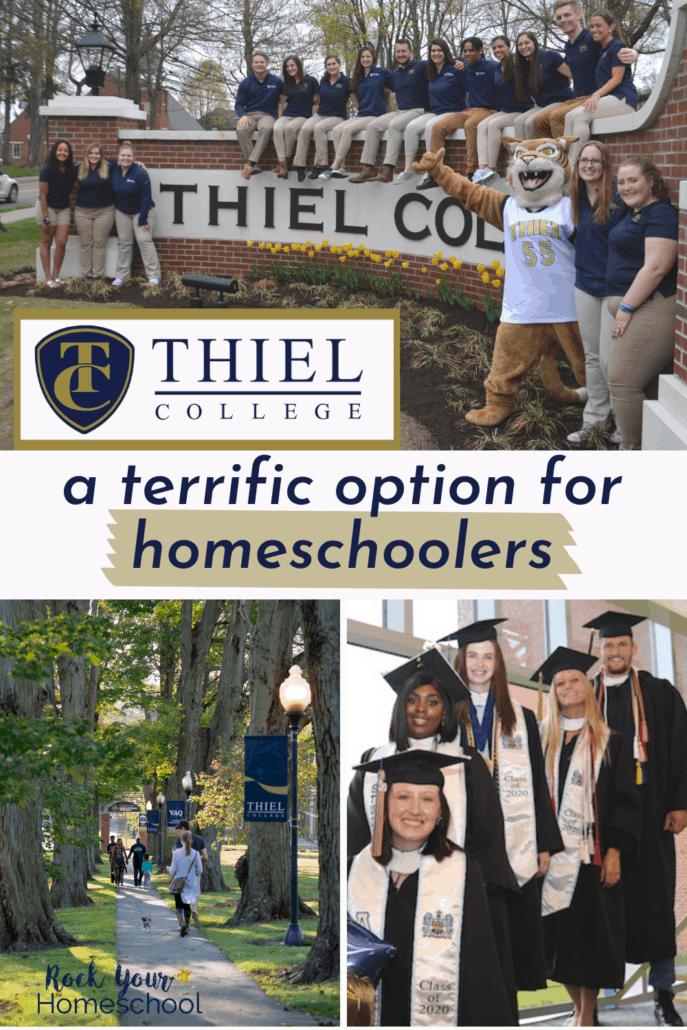 Studens gathered by Thiel College entry, students walking at Thiel College, and smiling graduates of Thiel college to feature why this higher education option is terrific for homeschoolers
